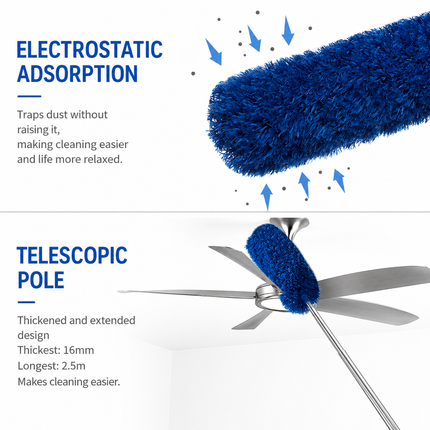 Grey 2.5M Extendable High Ceiling Cleaning Kit with Removable Cobweb Duster & Microfiber Brush - 3 Piece Versatile Set, Electrostatic Dust Attraction