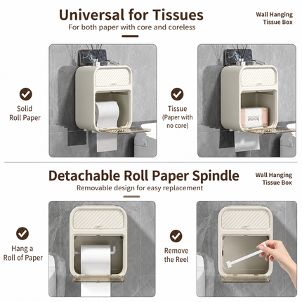 Grass Green Wall Mounted Toilet Paper Holder & Bathroom Storage Organizer - Waterproof Double Layer Wall Shelf with Detachable Roll Spindle for Hollow and Solid Paper