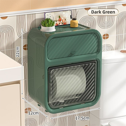 Dark Green Wall Mounted Toilet Paper Holder & Bathroom Storage Organizer - Waterproof Double Layer Wall Shelf with Detachable Roll Spindle for Hollow and Solid Paper