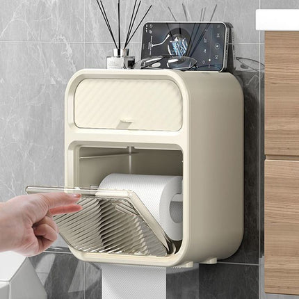 Dark Green Wall Mounted Toilet Paper Holder & Bathroom Storage Organizer - Waterproof Double Layer Wall Shelf with Detachable Roll Spindle for Hollow and Solid Paper
