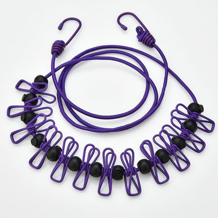 Purple Portable Windproof Travel Clothesline and Velvet Storage Bag - 1.8M to 4M High Elastic Travel Laundry Line with 12 Clips & 13 Positioning Beads to Prevent Clothes Tangling