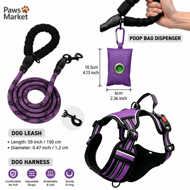 3 Piece Purple No Pull Dog Harness and Leash Set with Poop Bag Holder (S Size) - Adjustable Escape Proof Reflective Vest for Small Medium Large Dogs