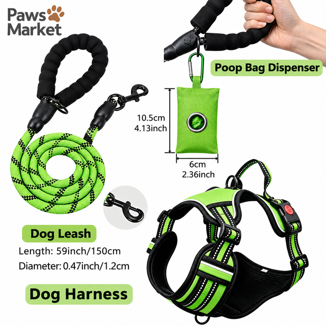 3 Piece Green No Pull Dog Harness and Leash Set with Poop Bag Holder (L Size) - Adjustable Escape Proof Reflective Vest for Small Medium Large Dogs