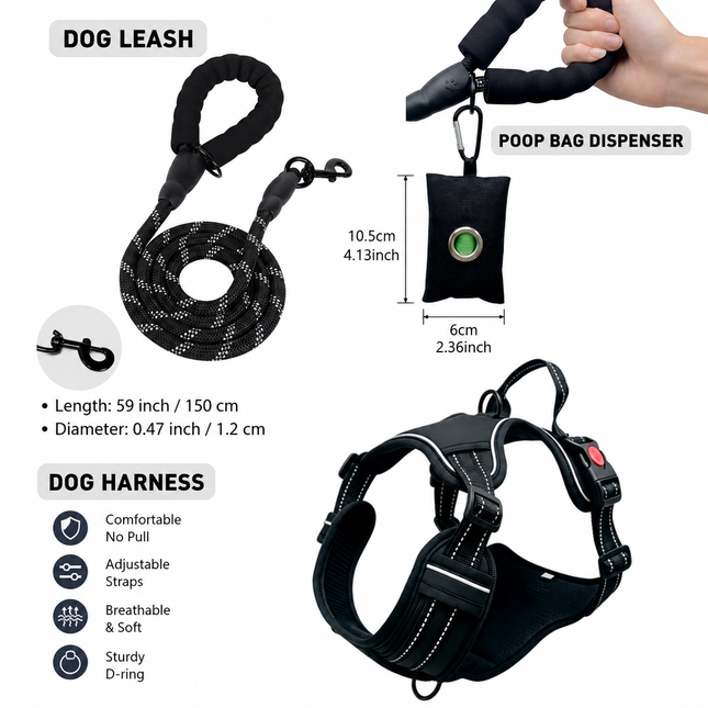 3 Piece Black No Pull Dog Harness and Leash Set with Poop Bag Holder (M Size) - Adjustable Escape Proof Reflective Vest for Small Medium Large Dogs