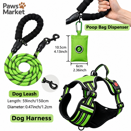 3 Piece Green No Pull Dog Harness and Leash Set with Poop Bag Holder (XL Size) - Adjustable Escape Proof Reflective Vest for Small Medium Large Dogs