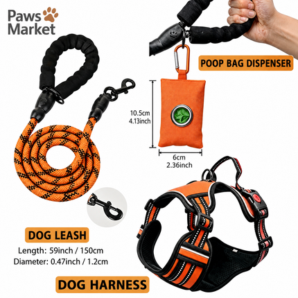 3 Piece Orange No Pull Dog Harness and Leash Set with Poop Bag Holder (XL Size) - Adjustable Escape Proof Reflective Vest for Small Medium Large Dogs
