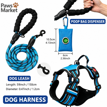 3 Piece Blue No Pull Dog Harness and Leash Set with Poop Bag Holder (M Size) - Adjustable Escape Proof Reflective Vest for Small Medium Large Dogs