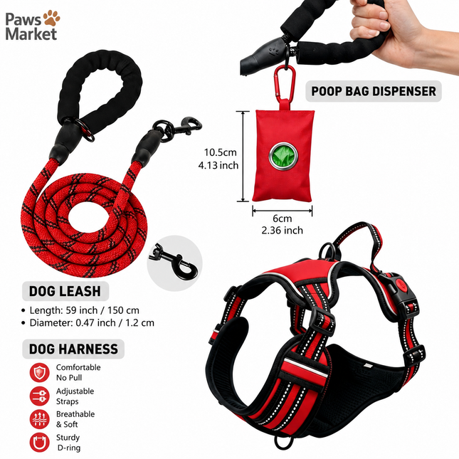 3 Piece Red No Pull Dog Harness and Leash Set with Poop Bag Holder (L Size) - Adjustable Escape Proof Reflective Vest for Small Medium Large Dogs