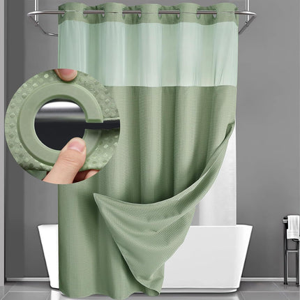 Green Hook Free Waffle Weave Shower Curtain (71 x 75") - Double Layer Curtain with Removable Waterproof Liner, Mesh Top Window, Magnetic Hem & Built-In Rings