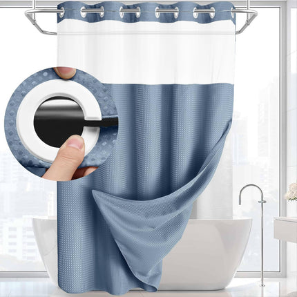 Blue Hook Free Waffle Weave Shower Curtain (71 x 75") - Double Layer Curtain with Removable Waterproof Liner, Mesh Top Window, Magnetic Hem & Built-In Rings