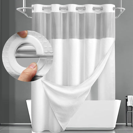 White Hook Free Waffle Weave Shower Curtain (71 x 75") - Double Layer Curtain with Removable Waterproof Liner, Mesh Top Window, Magnetic Hem & Built-In Rings