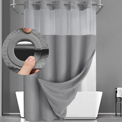 Grey Hook Free Waffle Weave Shower Curtain (71 x 75") - Double Layer Curtain with Removable Waterproof Liner, Mesh Top Window, Magnetic Hem & Built-In Rings