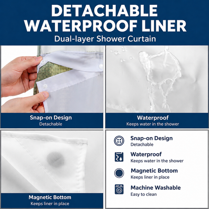 Grey Hook Free Waffle Weave Shower Curtain (71 x 75") - Double Layer Curtain with Removable Waterproof Liner, Mesh Top Window, Magnetic Hem & Built-In Rings