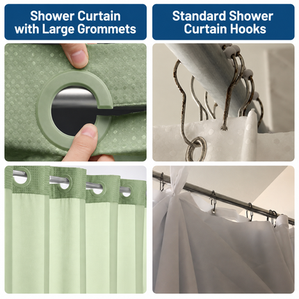 Grey Hook Free Waffle Weave Shower Curtain (71 x 81") - Double Layer Curtain with Removable Waterproof Liner, Mesh Top Window, Magnetic Hem & Built-In Rings