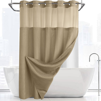 Khaki Hook Free Waffle Weave Shower Curtain (71 x 75") - Double Layer Curtain with Removable Waterproof Liner, Mesh Top Window, Magnetic Hem & Built-In Rings