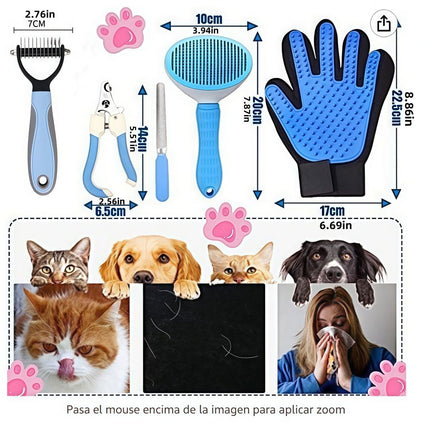 5PCS Blue Pet Grooming & Nail Care Tool Set - Stainless Steel Dematting Rake Comb, Self-Cleaning Slicker Brush, Grooming Glove, Nail Clipper and File for Dog Cat