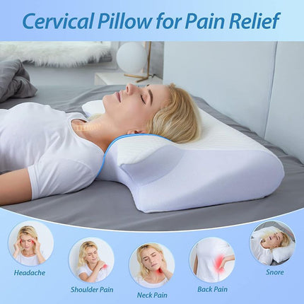 Black Horn Shape Contour Memory Foam Cervical Pillow with Breathable Zipper Cover and Protective Inner Lining - Dual Height Ergonomic Neck Support Butterfly Pillow for Pressure Relief (24.4 x 14.6 x 4.7 / 5.5")