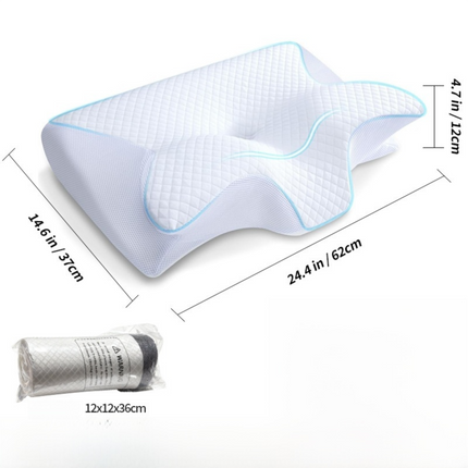 White Horn Shape Contour Memory Foam Cervical Pillow with Breathable Zipper Cover and Protective Inner Lining - Dual Height Ergonomic Neck Support Butterfly Pillow for Pressure Relief (24.4 x 14.6 x 4.7 / 5.5")
