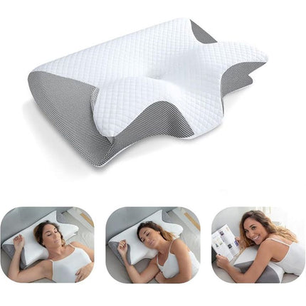 White Horn Shape Contour Memory Foam Cervical Pillow with Breathable Zipper Cover and Protective Inner Lining - Dual Height Ergonomic Neck Support Butterfly Pillow for Pressure Relief (24.4 x 14.6 x 4.7 / 5.5")