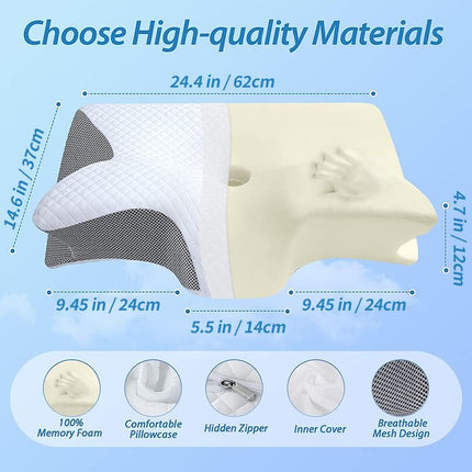 White Horn Shape Contour Memory Foam Cervical Pillow with Breathable Zipper Cover and Protective Inner Lining - Dual Height Ergonomic Neck Support Butterfly Pillow for Pressure Relief (24.4 x 14.6 x 4.7 / 5.5")