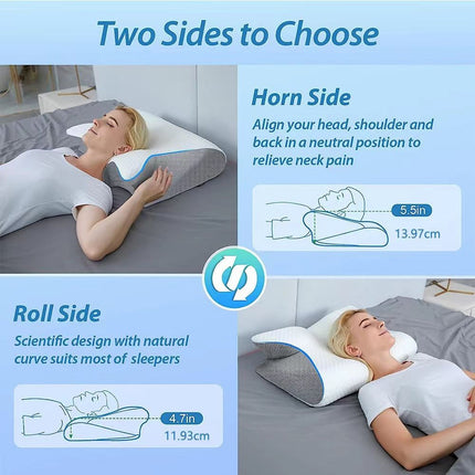 Blue Horn Shape Contour Memory Foam Cervical Pillow with Breathable Zipper Cover and Protective Inner Lining - Dual Height Ergonomic Neck Support Butterfly Pillow for Pressure Relief (24.4 x 14.6 x 4.7 / 5.5")