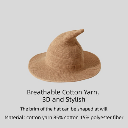 Khaki Women's Breathable Cotton Yarn Halloween Witch Hat - Foldable Moldable Wide Brim Sun Hat for Witch Cosplay & Summer Wear