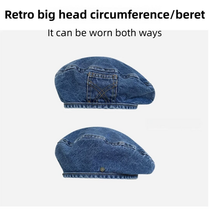 Women's Vintage Dark Washed Denim Beret - 22" Large Head Circumference Lightweight Reversible Painter Octagonal Newsboy Cap