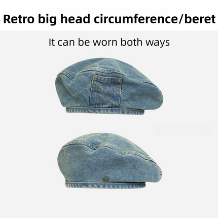 Women's Vintage Washed Mid Blue Denim Beret - 22" Large Head Circumference Lightweight Reversible Painter Octagonal Newsboy Cap