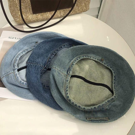 Women's Vintage Washed Mid Blue Denim Beret - 22" Large Head Circumference Lightweight Reversible Painter Octagonal Newsboy Cap