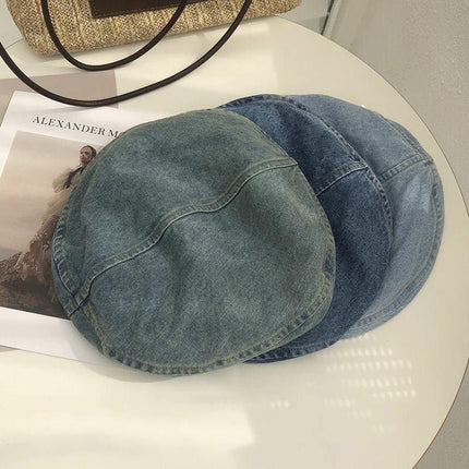 Women's Vintage Washed Light Blue Denim Beret - 22" Large Head Circumference Lightweight Reversible Painter Octagonal Newsboy Cap