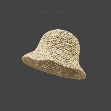 Khaki Women's Handwoven Foldable Straw Bucket Hat - Lightweight Packable Summer Beach Sun Hat with Wide Brim
