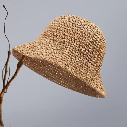 Khaki Women's Handwoven Foldable Straw Bucket Hat - Lightweight Packable Summer Beach Sun Hat with Wide Brim