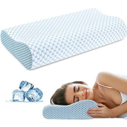 50 x 30CM Ergonomic Cooling Memory Foam Contour Pillow - Slow Rebound Cervical Neck Support Bed Pillow with Washable Ice Silk Cover and Protective Inner Lining