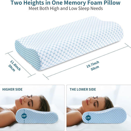 50 x 30CM Ergonomic Cooling Memory Foam Contour Pillow - Slow Rebound Cervical Neck Support Bed Pillow with Washable Ice Silk Cover and Protective Inner Lining