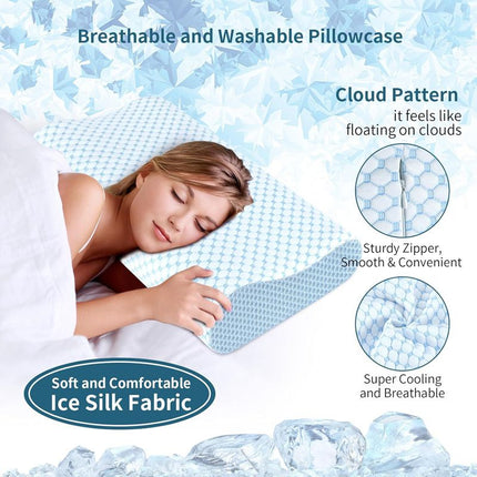 55 x 35CM Ergonomic Cooling Memory Foam Contour Pillow - Slow Rebound Cervical Neck Support Bed Pillow with Washable Ice Silk Cover and Protective Inner Lining