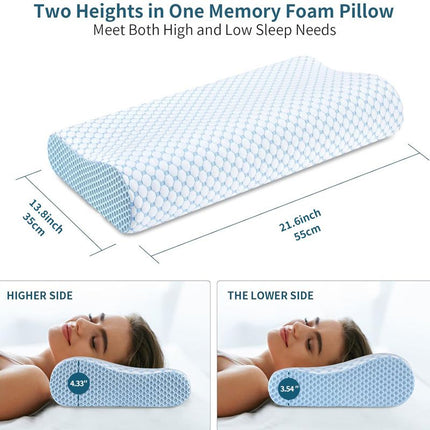 55 x 35CM Ergonomic Cooling Memory Foam Contour Pillow - Slow Rebound Cervical Neck Support Bed Pillow with Washable Ice Silk Cover and Protective Inner Lining