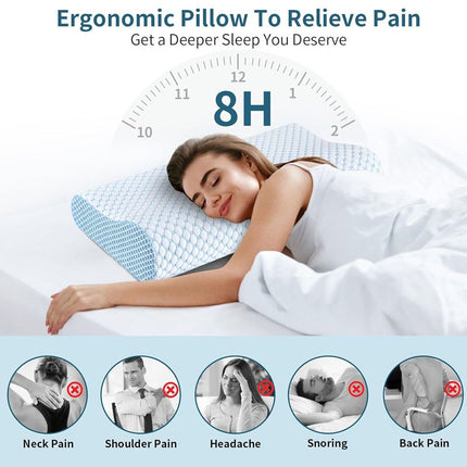 55 x 35CM Ergonomic Cooling Memory Foam Contour Pillow - Slow Rebound Cervical Neck Support Bed Pillow with Washable Ice Silk Cover and Protective Inner Lining