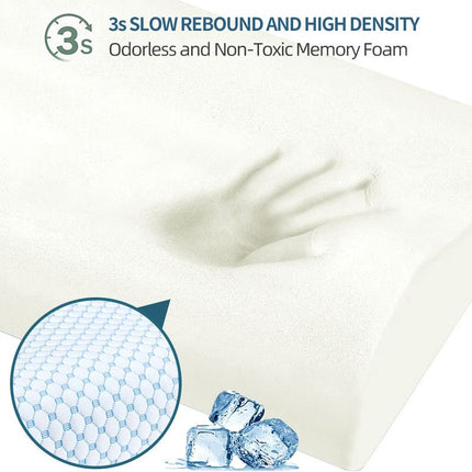 60 x 40CM Ergonomic Cooling Memory Foam Contour Pillow - Slow Rebound Cervical Neck Support Bed Pillow with Washable Ice Silk Cover and Protective Inner Lining