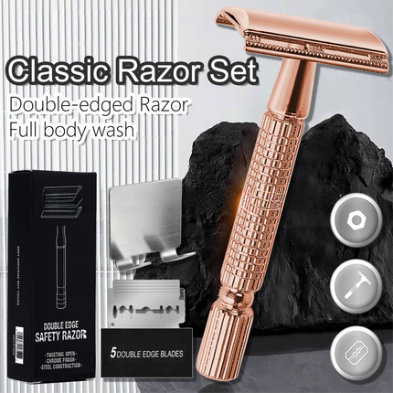 Rose Gold Classic Double Edge Safety Razor Set - Vintage Metal Manual Shaving Razor with Stainless Steel Holder & 5 Replacement Blades