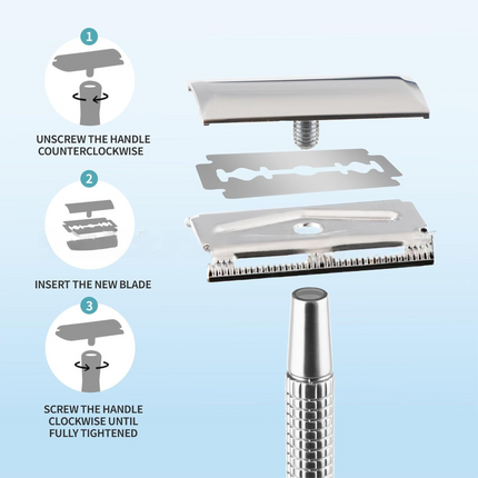 Silver Classic Double Edge Safety Razor Set - Vintage Metal Manual Shaving Razor with Stainless Steel Holder & 5 Replacement Blades