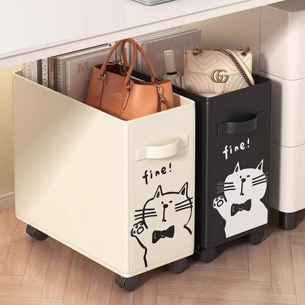 2 Pack Rolling Oxford Fabric Storage Basket with Wheels (Black + White Cat) - 28L Slim Underdesk Storage Bin & Collapsible Laundry Hamper for Office Dorm & Home