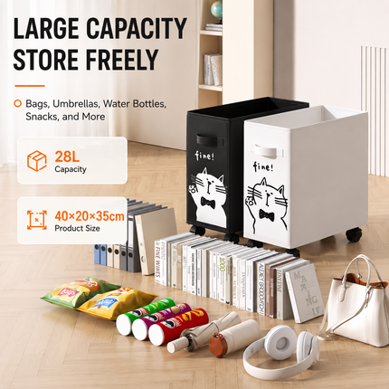 2 Pack Rolling Oxford Fabric Storage Basket with Wheels (Black + White Cat) - 28L Slim Underdesk Storage Bin & Collapsible Laundry Hamper for Office Dorm & Home