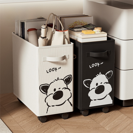 2 Pack Rolling Oxford Fabric Storage Basket with Wheels (Black + White Dog) - 28L Slim Underdesk Storage Bin & Collapsible Laundry Hamper for Office Dorm & Home