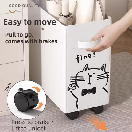 Rolling Oxford Fabric Storage Basket with Wheels (Black Cat) - 28L Slim Underdesk Storage Bin & Collapsible Laundry Hamper for Office Dorm and Home