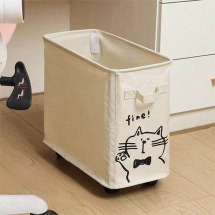 Rolling Oxford Fabric Storage Basket with Wheels (Black Cat) - 28L Slim Underdesk Storage Bin & Collapsible Laundry Hamper for Office Dorm and Home