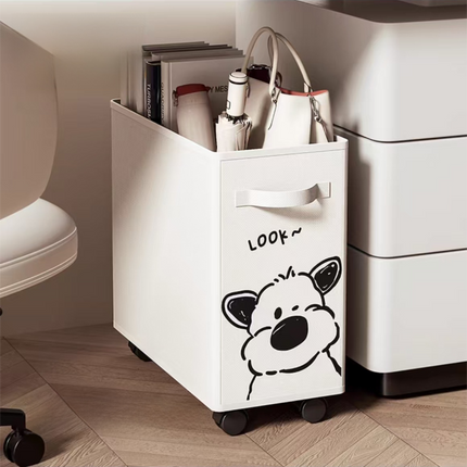Rolling Oxford Fabric Storage Basket with Wheels (White Dog) - 28L Slim Underdesk Storage Bin & Collapsible Laundry Hamper for Office Dorm and Home