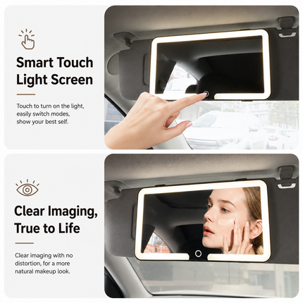 Black Car Sun Visor LED Makeup Mirror with 5X Magnification & Elastic Band Strap - Rechargeable 3-Color Dimmable Touch Screen Vanity Mirror