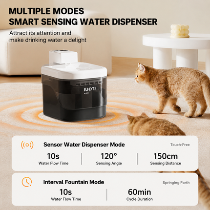 Transparent Orange and White Smart Motion Sensor Wireless Pet Water Fountain - 2L Cordless Quiet Automatic Water Dispenser with Quadruple Filtration for Cats and Dogs