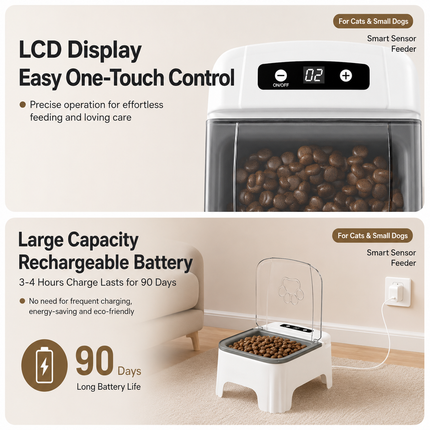 Grey and White Smart Infrared Motion Sensor Automatic Pet Feeder - 700ml Timed Auto Open Lid Food Bowl with LCD Screen & Rechargable Battery for Cats and Dogs