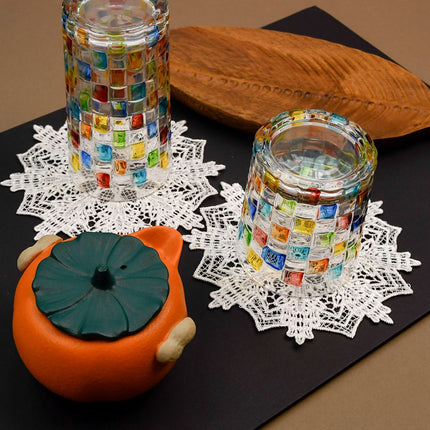 5.5 Inch Geometric Embroidered Lace Coaster (5 Pack) - Elegant Round Dining & Tea Table Mat Doily, Cassia Silk Style